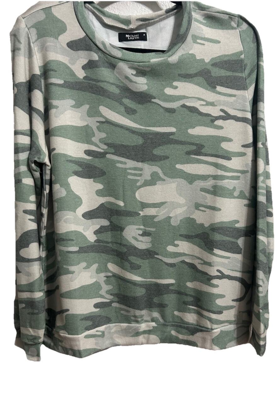Michael Lauren Women’s Green Camo Pullover Sweater Super Soft Fleece Medium NWT